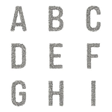 Daha kolay dekupaj sayfası için jpg üzerinde gömülü yol dahil olmak üzere Harfler, Sayılar ve Noktalama İşaretlerini içeren 3B Render Stone Yazı Tipi Kümesi