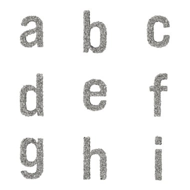 Daha kolay dekupaj sayfası için jpg üzerinde gömülü yol dahil olmak üzere Harfler, Sayılar ve Noktalama İşaretlerini içeren 3B Render Stone Yazı Tipi Kümesi