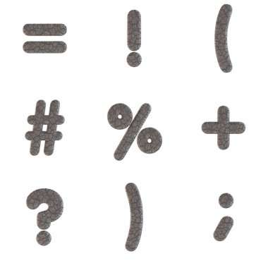 Beyaz arkaplanda izole edilmiş Harfler, Sayılar ve Noktalama İşaretleri dahil 3B Render Fil Yazı Tipi Kümesi.