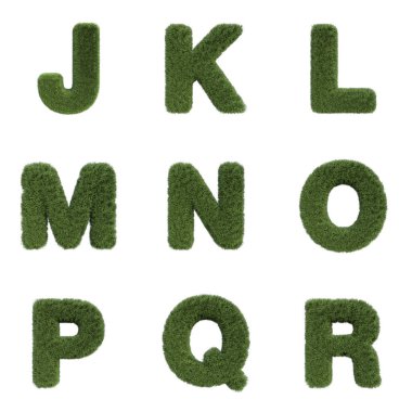 Beyaz arkaplanda izole edilmiş Harfler, Sayılar ve Noktalama İşaretleri dahil 3B Çimen Yazıtipi Dizisi