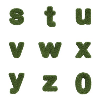 Beyaz arkaplanda izole edilmiş Harfler, Sayılar ve Noktalama İşaretleri dahil 3B Çimen Yazıtipi Dizisi