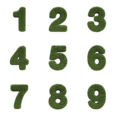 Beyaz arkaplanda izole edilmiş Harfler, Sayılar ve Noktalama İşaretleri dahil 3B Çimen Yazıtipi Dizisi