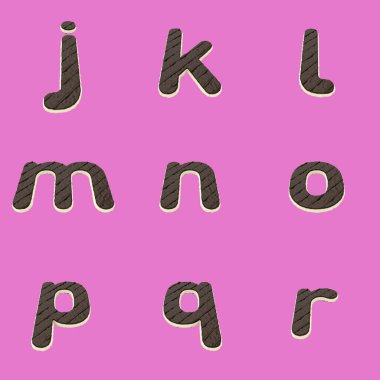 Daha kolay dekupaj sayfası için dosyaya gömülü yol da dahil olmak üzere düz arkaplanda izole edilmiş Harfler, Sayılar ve Noktalama İşaretlerini içeren 3B Çikolatalı Pasta Yazı Tipi Hazırlama Kümesi.