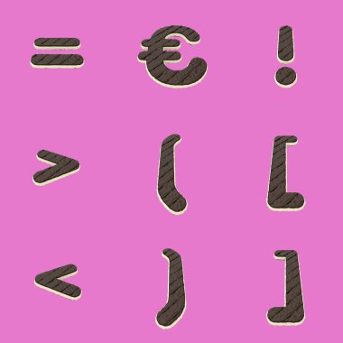 Daha kolay dekupaj sayfası için dosyaya gömülü yol da dahil olmak üzere düz arkaplanda izole edilmiş Harfler, Sayılar ve Noktalama İşaretlerini içeren 3B Çikolatalı Pasta Yazı Tipi Hazırlama Kümesi.