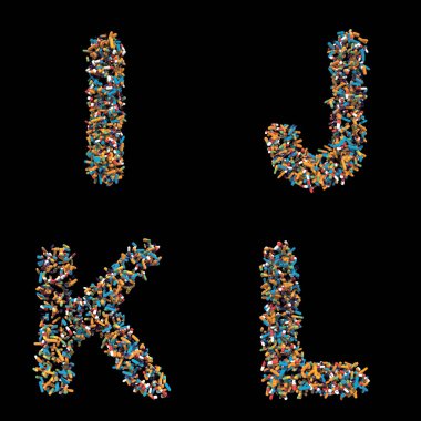 3 Boyutlu Hazırlama Alfabesi - Siyah arkaplan üzerinde izole edilmiş Harfler, Sayılar ve Noktalama İşaretleri içeren yazı tipi.