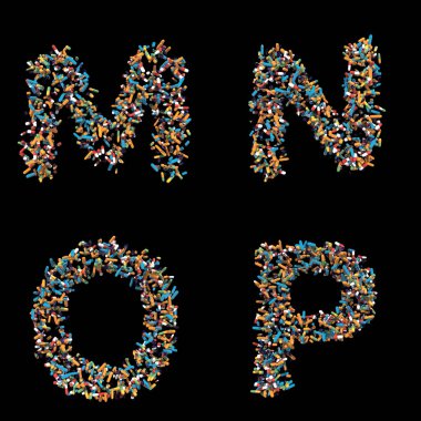 3 Boyutlu Hazırlama Alfabesi - Siyah arkaplan üzerinde izole edilmiş Harfler, Sayılar ve Noktalama İşaretleri içeren yazı tipi.