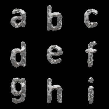 Erimiş Krom Alfabesinin 3B Render Kümesi - Siyah arkaplanda izole edilmiş Harfler, Sayılar ve Noktalama İşaretlerini içeren yazı tipi.