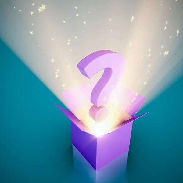 3D Rendering - Pop the Question Concept, Question Mark pops out the box with stars