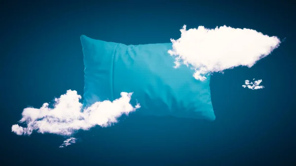 3D Render of Pillow and Clouds, Dreaming and Sleep on Blue Background