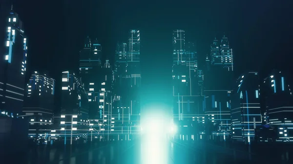 Render Futuristiska Digital City Illustration Med Neon Grön Blå Färger — Stockfoto