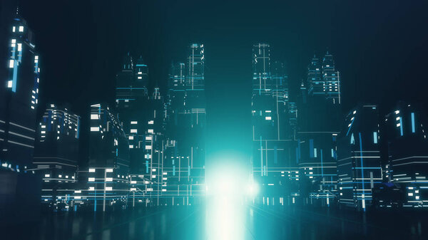 3D Render of Futuristic Digital City Illustration with Neon Green-Blue Colors