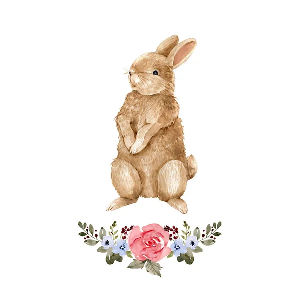 brown rabbit with floral decoration, hand painted watercolor illustration.