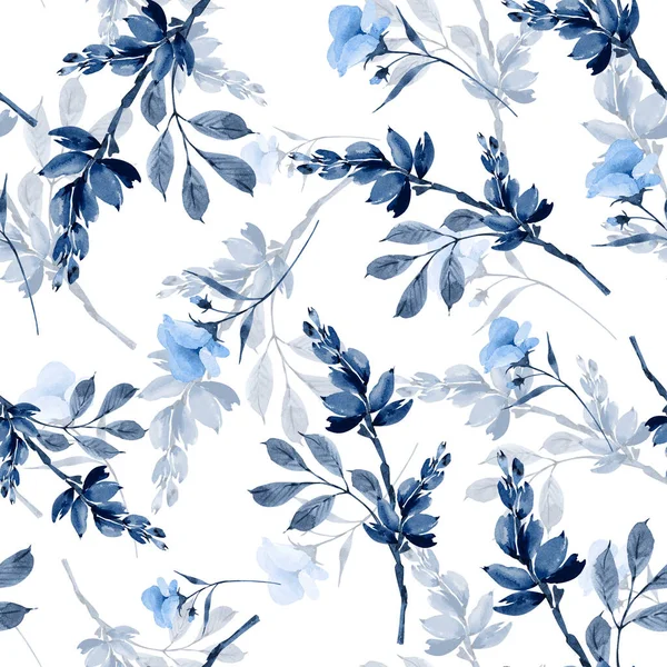 Bezešvé Květinový Vzor Modrými Květy Bílém Pozadí Ručně Malované Akvarelem — Stock fotografie