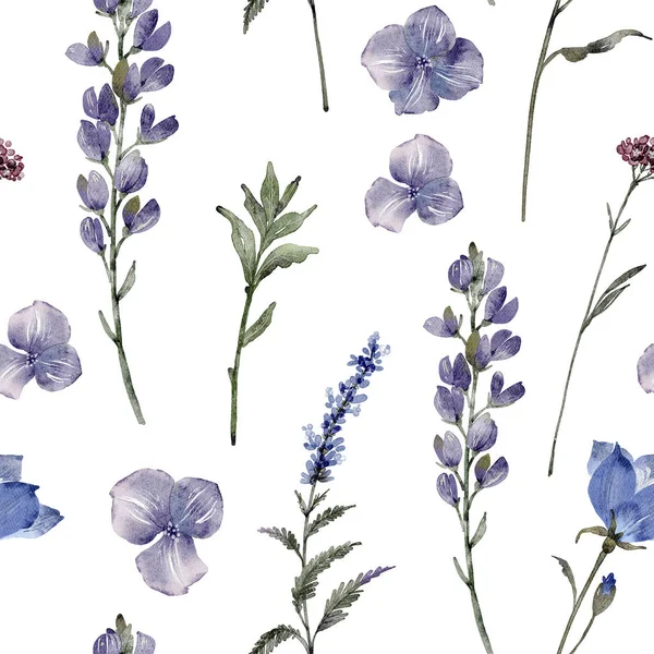 Watercolor floral pattern with blue wildflowers, hand painted on a white background.