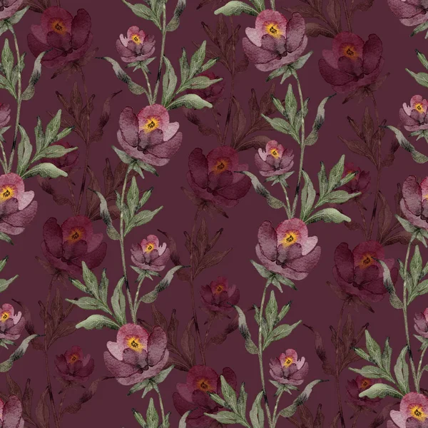 Watercolor floral pattern with burgundy flowers, hand painted.