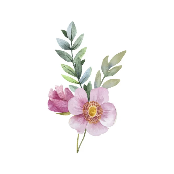 Bukett Med Rosa Blommor Och Växter Vit Bakgrund Handmålade — Stockfoto