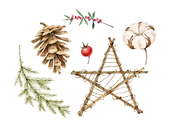Watercolor Set Christmas Botanical Decor Design Invitations — Stock Photo, Image