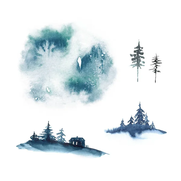 Set Illustrazioni Acquerello Sfondi Colline Foreste Siberia Canada Finlandia Paesaggio — Foto Stock