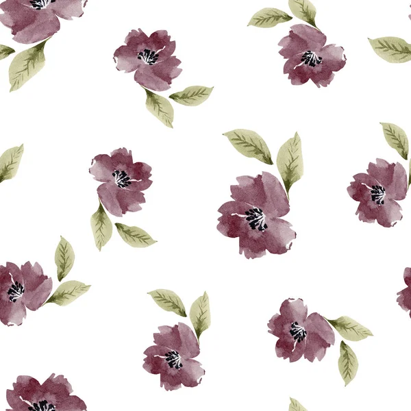 Seamless Pattern Watercolor Pink Flowers Leaves White Background Hand Painted — Stock Photo, Image