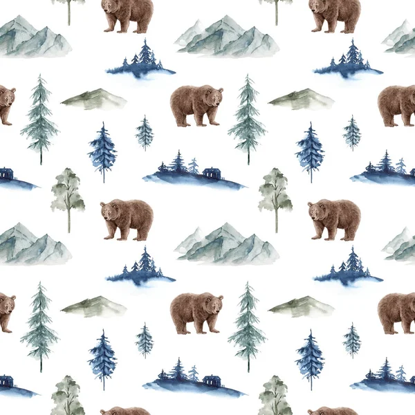 Bezešvé Vzor Zvíře Grizzly Medvěd Pozadí Lesa Akvarel Ilustrace — Stock fotografie