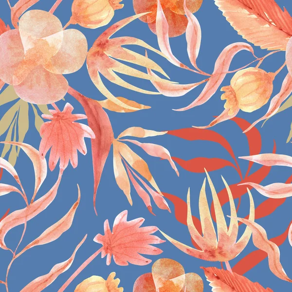 青い背景に熱帯の花や葉のあるシームレスなパターン 水彩画のイラスト — ストック写真