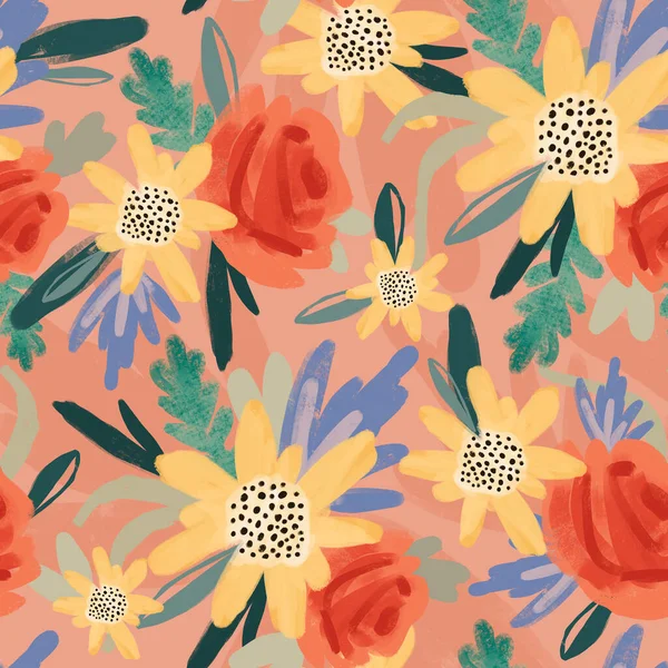 Płynny Wzór Abstrakcyjnymi Kwiatami Liśćmi Brzoskwiniowym Tle Ręcznie Malowany — Zdjęcie stockowe