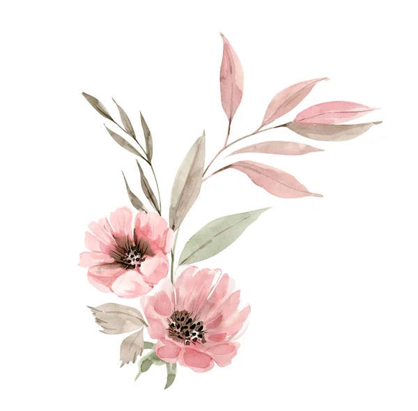粉红色的花束和植物 白色背景上的水彩画 — 图库照片