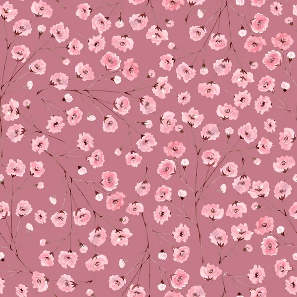 Płynny Wzór Różowych Kwiatów Sakura Ilustracja Akwarela — Zdjęcie stockowe