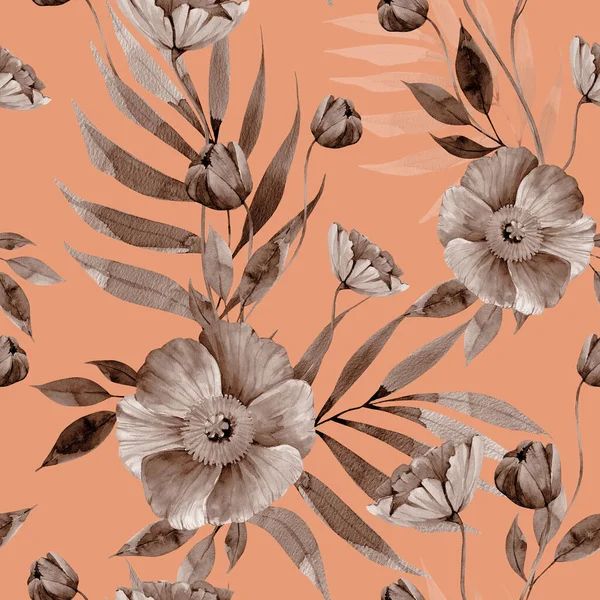 Bezešvé Vzor Monochromatické Tropické Listy Květiny Akvarel Ilustrace — Stock fotografie