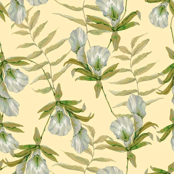 Patrón Sin Costuras Con Hojas Tropicales Verdes Flores Orquídea Ilustración — Foto de Stock