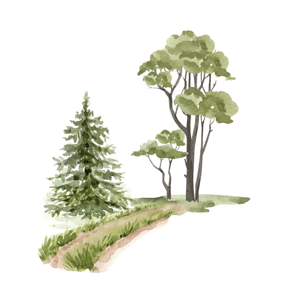 Doğa Ormanının Patikanın Ağaçların Suluboya Çizimi — Stok fotoğraf