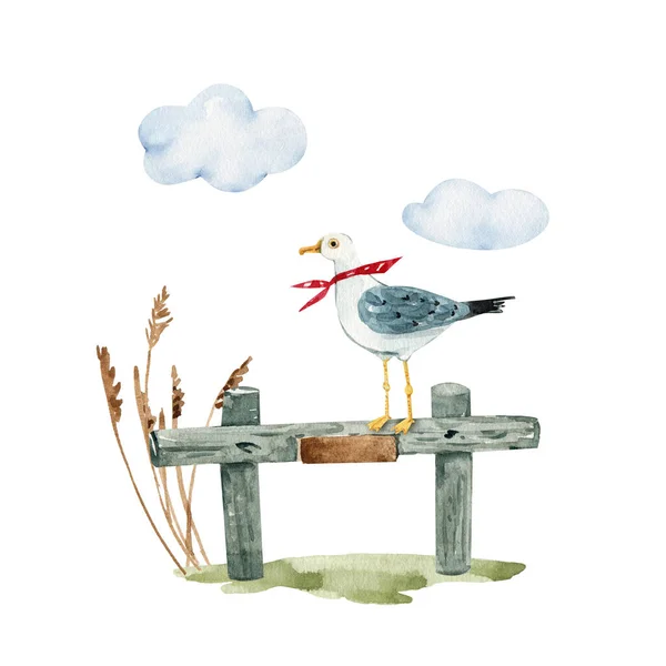白色海鸥 栅栏上有航海风格的围巾 水彩画 — 图库照片