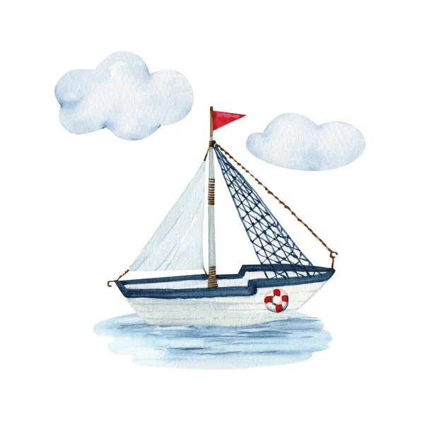 Marine white sailboat in cartoon style, watercolor illustration.