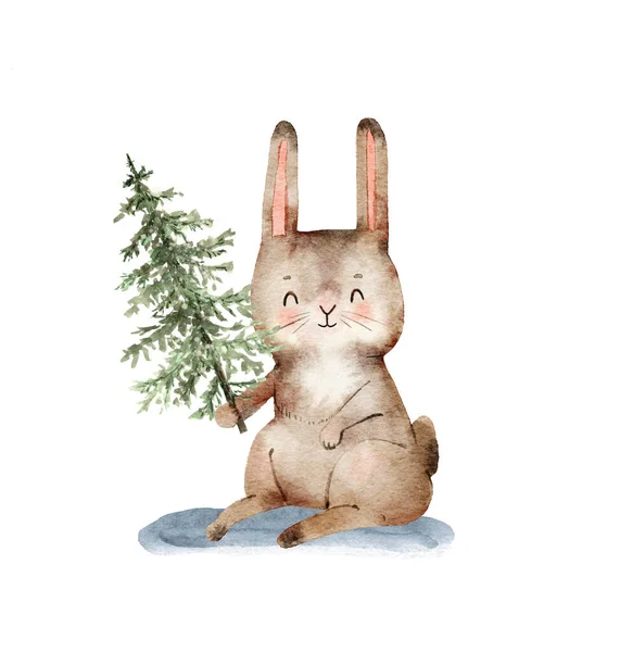 Nyúl Kezében Egy Zöld Karácsonyfa Rajzfilm Akvarell Téli Ünnepekre — Stock Fotó