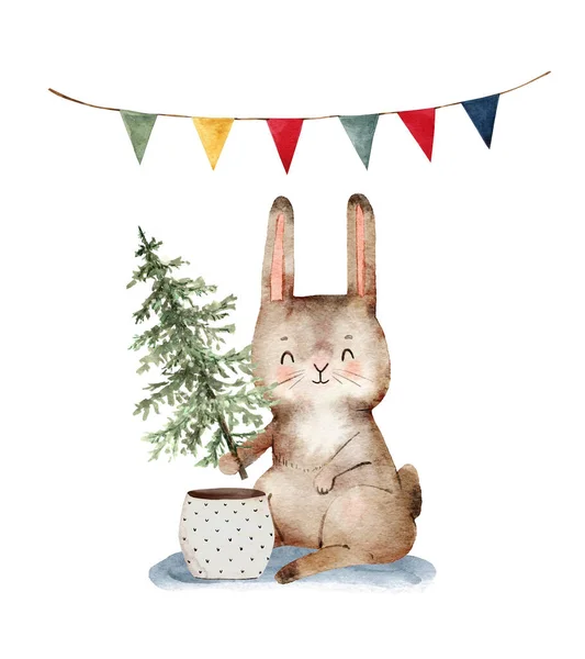 Rabbit Holding Green Christmas Tree Cartoon Watercolor Winter Holidays — Stock Photo, Image