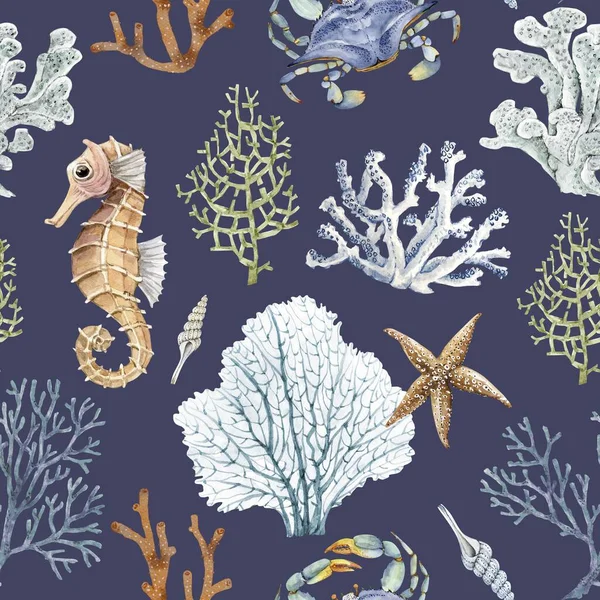 蓝底珊瑚和海洋动物的无缝图案和水彩画 — 图库照片