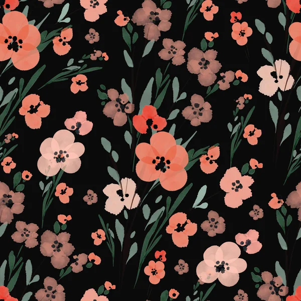 Naadloos Patroon Met Delicate Roze Kleine Bloemen Een Zwarte Achtergrond — Stockfoto