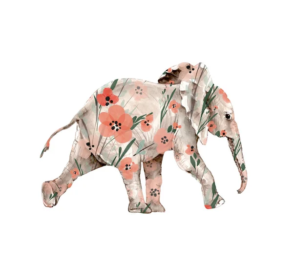 Acuarela Ilustración Elefante Con Estampado Floral Pintura Mano — Foto de Stock