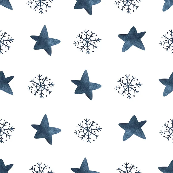 Απρόσκοπτη Μοτίβο Μπλε Αστέρια Και Νιφάδες Χιονιού Για Τις Χειμερινές — Φωτογραφία Αρχείου