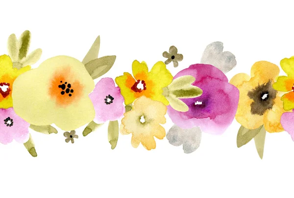 Bezszwowa Granica Wielobarwnych Akwarelowych Kwiatów Ręcznie Malowane Dekoracji — Zdjęcie stockowe