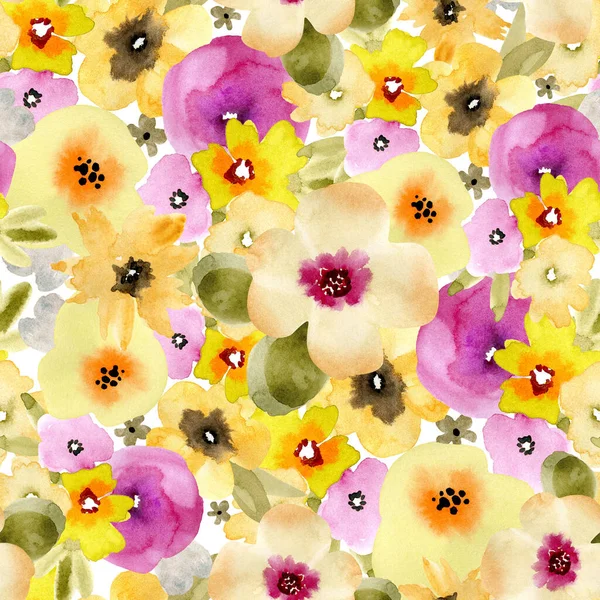 白を基調とした抽象的な色彩の花々とのシームレスなパターン 水彩イラスト — ストック写真
