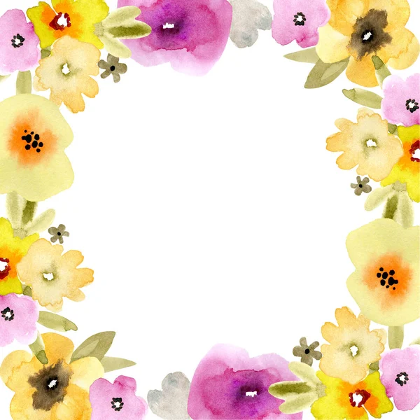 Akvarell Ram Färgglada Blommor Handmålade För Design Och Inbjudningar — Stockfoto