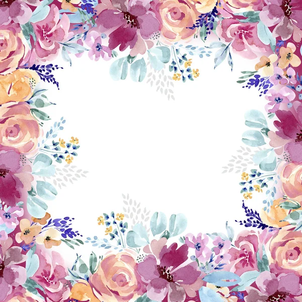 Keret Finom Rózsa Virágok Akvarell Illusztráció Kézzel Festett — Stock Fotó