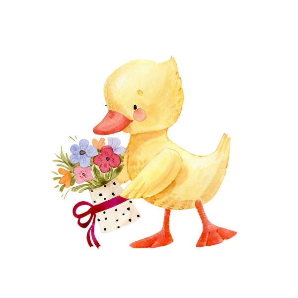 Canard Jaune Avec Bouquet Fleurs Illustration Aquarelle Dessin Animé — Photo