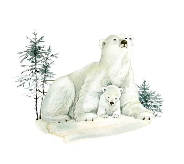 Белый Медведь Детёнышем Фоне Природы Акварельная Иллюстрация — стоковое фото