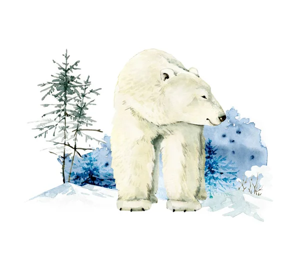 大自然背景下的动物白北极熊 水彩画 — 图库照片