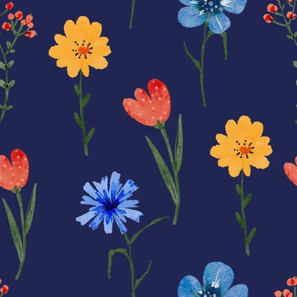 Płynny Wzór Kwiatowy Wielobarwnych Kwiatów Niebieskim Tle — Zdjęcie stockowe