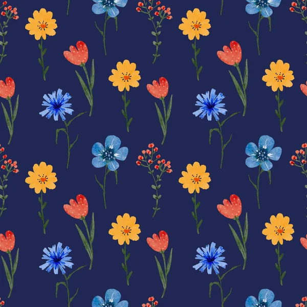 青い背景に多色の花を持つシームレスな花模様 — ストック写真