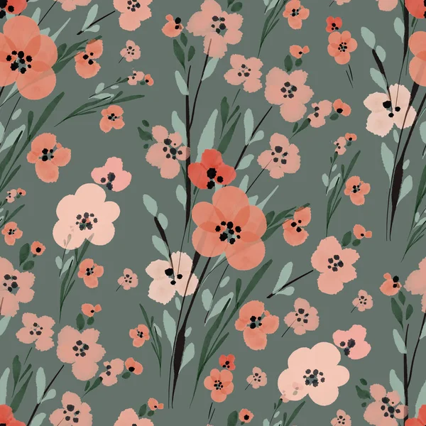 Sömlös Blommönster Med Små Rosa Blommor Grön Bakgrund — Stockfoto