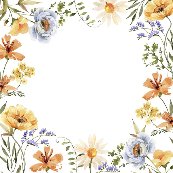 Akvarell Ram Färgglada Blommor Handmålade För Design Och Inbjudningar — Stockfoto